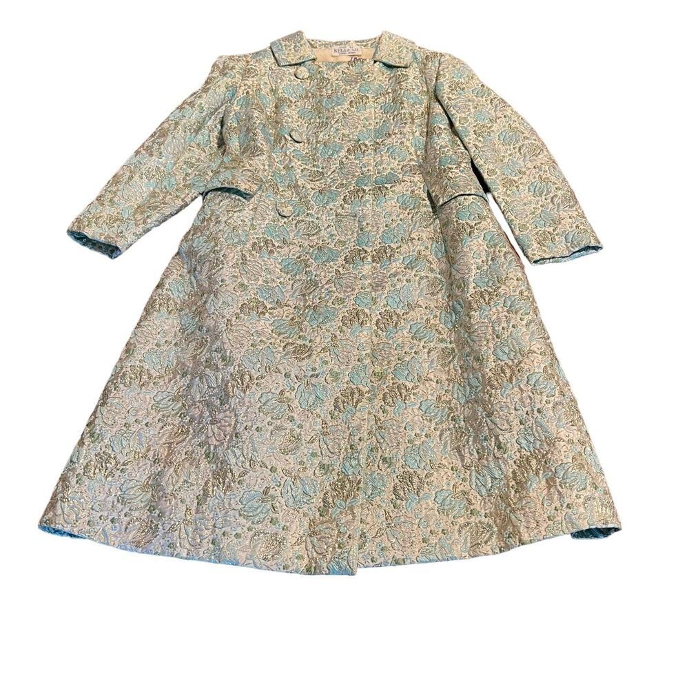 Vintage Brocade Coat Jacket Kelly Co. Hong Kong Blue Cream Gold Green